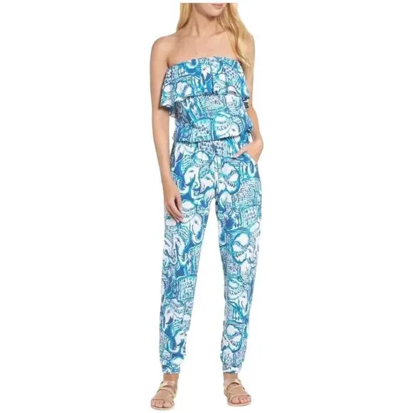 Lilly Pulitzer Ailsie Keep on Trunkin Romper Jogger Elephants Blue White Knit XS - Picture 3 of 9